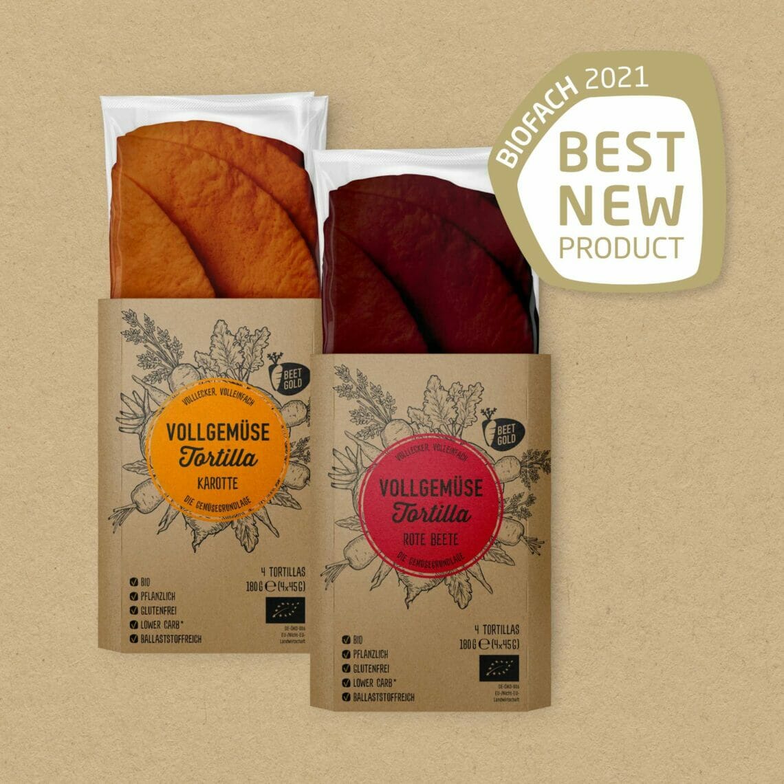 Beetgold Tortillas Rote Beete und Karotte mit Biofach Best Product 2021 Auszeichnung